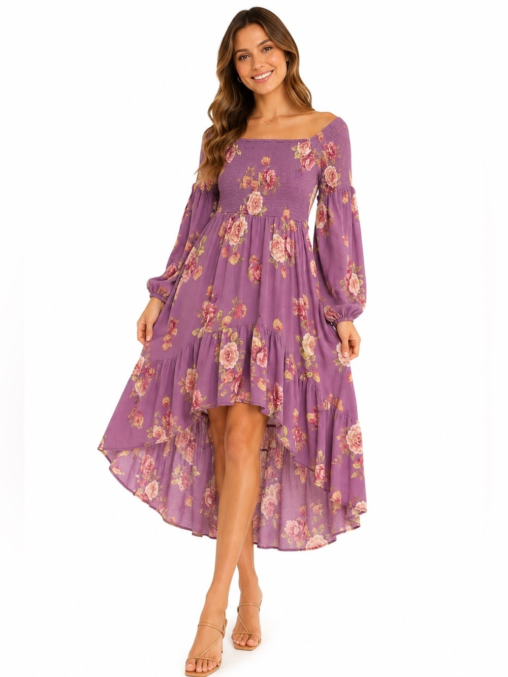 ALTAR’D STATE S Olivia Boho Floral Smocked High-Low Midi Dress Lavender cottage